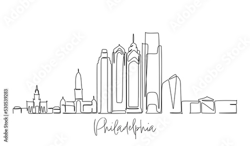 Single line drawing of Philadelphia USA skyline. Town and buildings landscape model. Best holiday destination wall decor art. Editable trendy design
