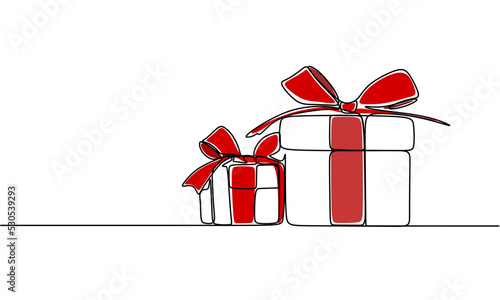 Christmas Present boxes with ribbon and bow. Continuous one line vector illustration. Wrapped surprise package