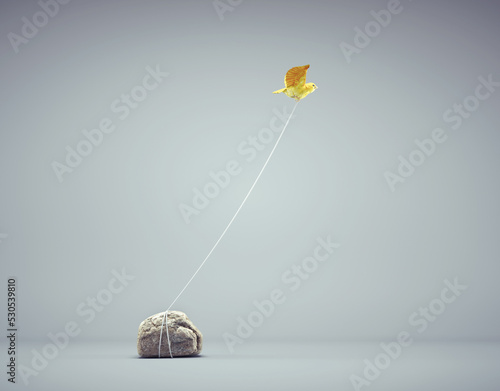 Bird tied to a rock flying away. Confidence and mindset concept.