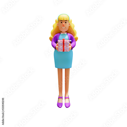 3D illustration. 3D Illustration of Cartoon Business Woman with Gift. holding a large prize with both hands. with a happy laughing expression. 3D Cartoon Character