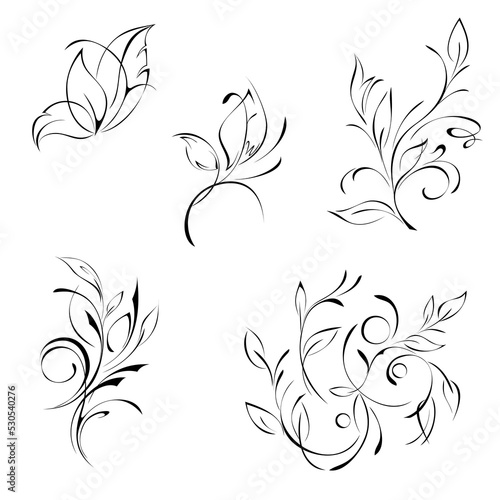 stylized decorative twig with leaves and curls. graphic decor. SET