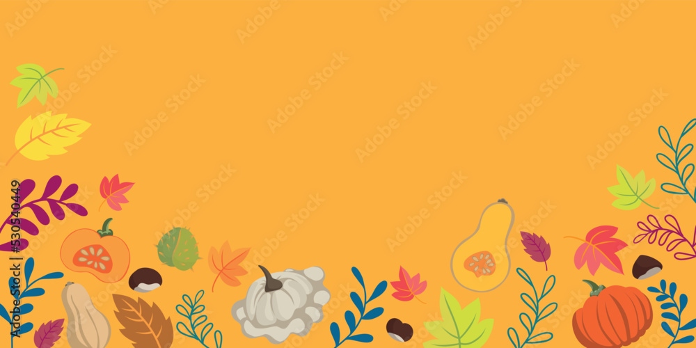 Autumn vegetables and leaves doodle background - flat design banner vibrant colors - floral seasons design