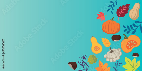 Autumn vegetables and leaves doodle background - flat design banner vibrant colors - floral seasons design