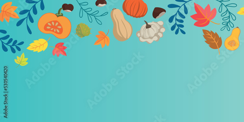 Autumn vegetables and leaves doodle background - flat design banner vibrant colors - floral seasons design