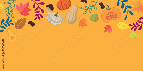 Autumn vegetables and leaves doodle background - flat design banner vibrant colors - floral seasons design