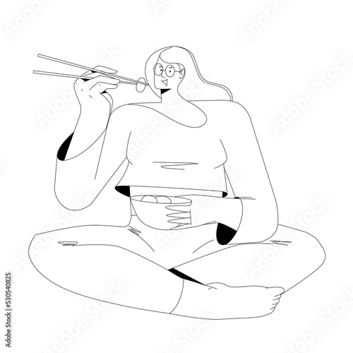 A beautiful girl in glasses eats with chopsticks.