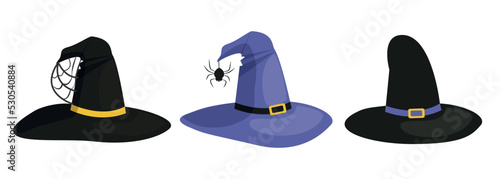 Hats of witches and wizards with a belt. Set of vector illustrations in flat style for Halloween.