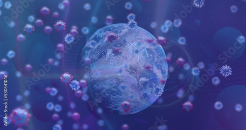 Image of coronavirus moving around globe on digital interface