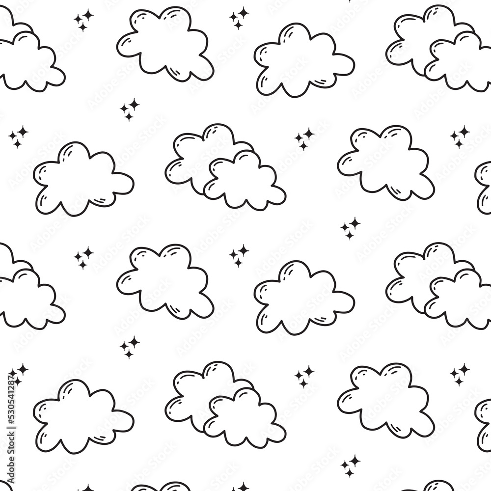 Seamless pattern with clouds. Doodle style. Vector illustration. Print on children's fabrics.