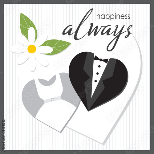 happy wedding day card with wedding suit and flower