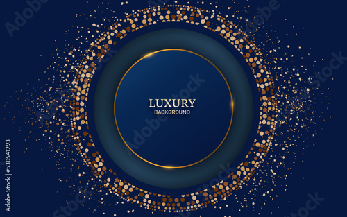 Luxury elegant background with shiny gold circle element and dot particle on dark blue