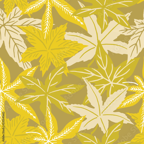 Vector hand-drawn Abstract maple leaves repeat pattern. Autumn vintage forest background. Trendy foliage element
