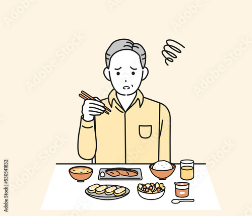 食欲がない　食べれない　味覚障害　中年の男性　食事　摂食障害　夏バテ　イラスト