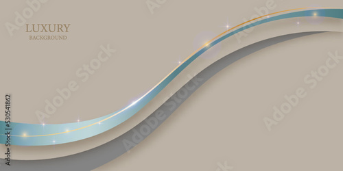 luxury background light brown curved shapes with blue ribbon and golden lines
