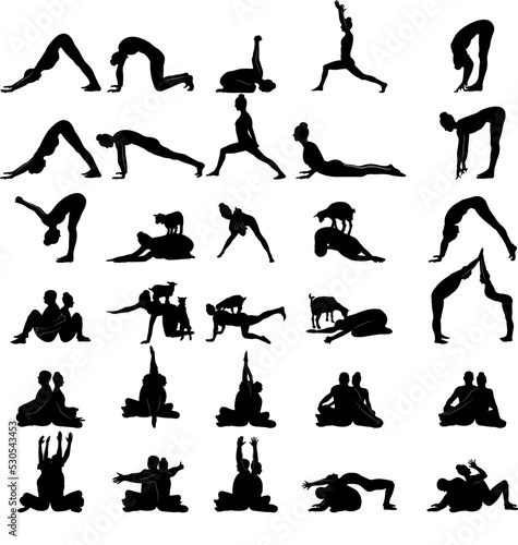 Collection of black silhouettes of partner yoga and solo yoga and yoga with goats.