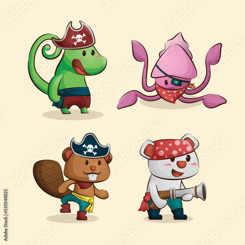 Cute pirate animal characters cartoon illustration collection