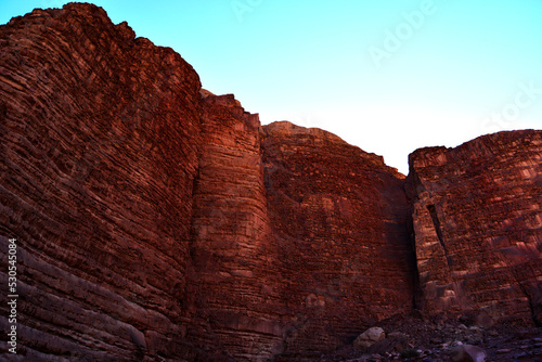 Amazing desert landscape. Beautiful landscape of desert mountains. Monolithic mountains in the central part of the desert. Wadi Rum, Jordan.