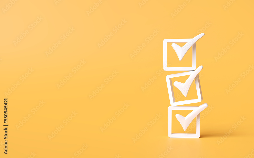 check mark icon stacked on yellow background. checklist survey concept ,and evaluation  Accreditation, quality assurance. with copy space and business design. 3D rendering illustration - obrazy, fototapety, plakaty 