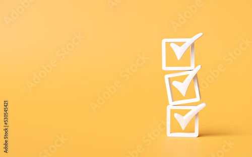 check mark icon stacked on yellow background. checklist survey concept ,and evaluation  Accreditation, quality assurance. with copy space and business design. 3D rendering illustration