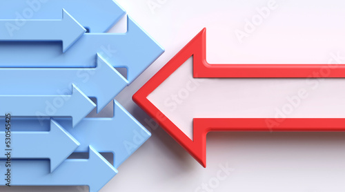 Red arrow in opposite direction to blue arrow in straight line. Competition and differences. with copy space and business design. 3D rendering illustration