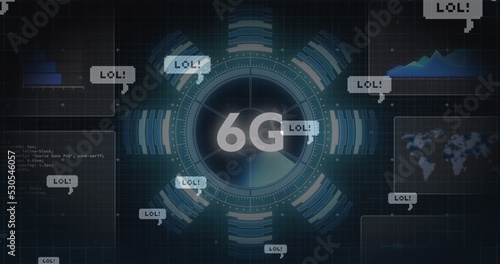 Image of data processing over 6g text and media icons