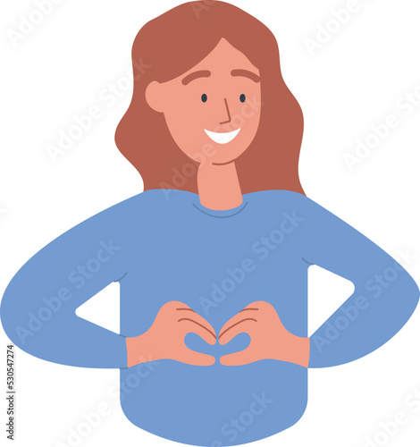 A happy smiling person gestures a heart sign with his hands. Approval, like, love concept. Body language, nonverbal communication, positive emotion and face expression. Vector illustration isolated