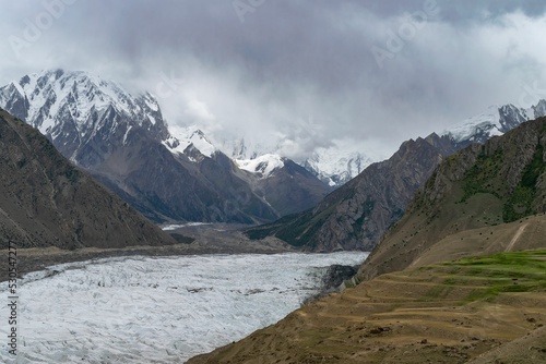 Scenic view of Barpu Glacier against Rush Lake, Karakoram highway, Pakistan photo