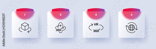 Metaverse set icon. Application Development, planet with vr text, arrow, 3d reality. Augmented reality, 360 degree view. Virtual reality concept. Glassmorphism style. Vector line icon for Business