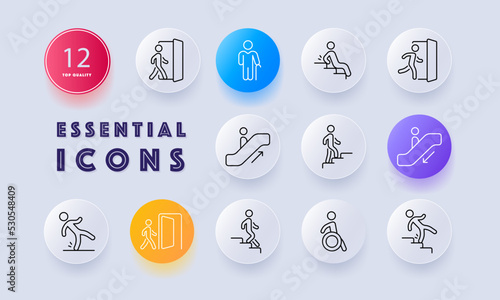 Warning signs set icon. Slippery floor, escalator up and down, door, exit, entrance, disabled person, stroller, ramp, steps, stage. Danger concept. Neomorphism style. Vector line icon for Business