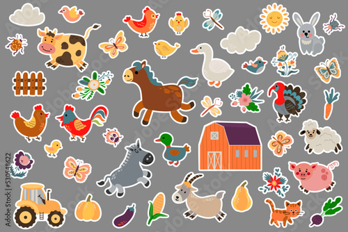 Farm animals sticker set. Drawn style. Vector illustration.
