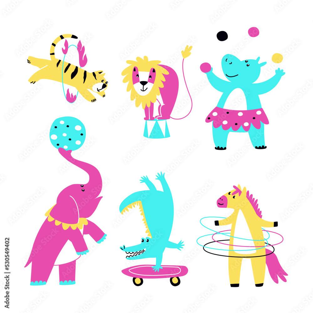 Set of funny multicolored circus animals. Animal tricks with circus items. Crocodile, tiger, lion, elephant, horse, hippopotamus. flat vector illustration