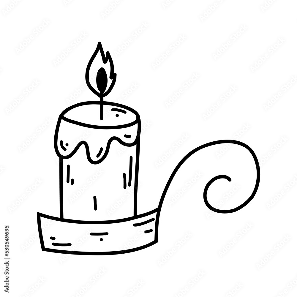 Obraz premium Hand drawn doodle burning candle in in a candlestick. Cartoon element, vector sketch illustration, line art for web design, icon, print, coloring page