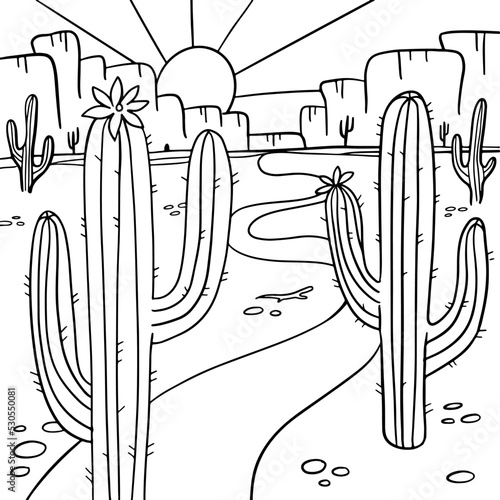 Coloring page with Blooming cactus in the Arizona desert. Coloring book antistress for children and adults. Zen-tangle style. Black and white drawing. Hand drawn vector linear illustration.
