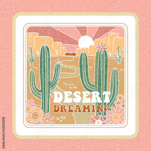 Desert Dreaming Arizona sticker. Arizoma vibes graphic print design for apparel, posters. Outdoor western vintage artwork. Joshua desert t-shirt. Outline vector hand drawn illustration