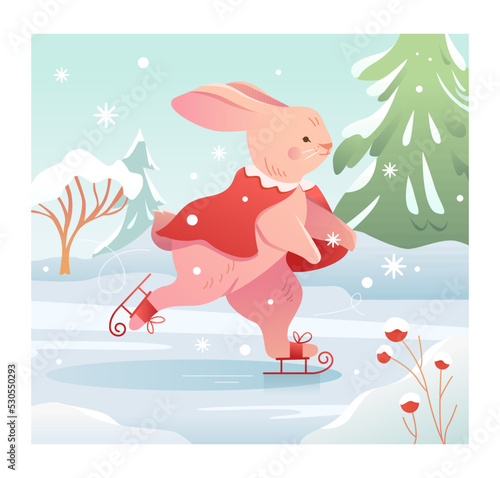 Bunny skates on the ice. Cute winter character. Poster design or greetings cards, invitations. Seasonal vector illustration in cartoon style.