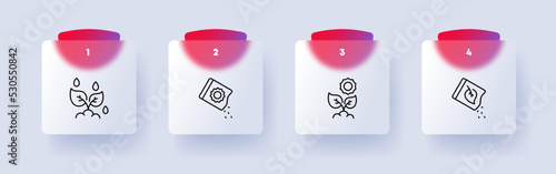 Plant set icon. Sprout, earth, leaf, photosynthesis, seed, watering, flower, growth, biorhythms, seedling, botany, phytology. Gardening concept. Glassmorphism style. Vector line icon for Business