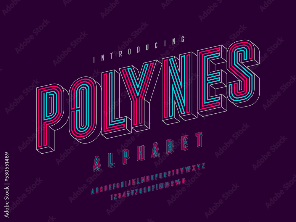 Vector of modern colorful line alphabet design with uppercase, numbers and symbols Stock Vector