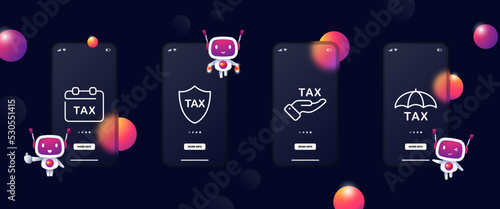 Tax set icon. Chart, analytics, income, salary, bomb, publican, sight, tax protection, time to pay taxes, calendar, black bookkeeping. Neomorphism style. Vector line icon for Business and Advertising