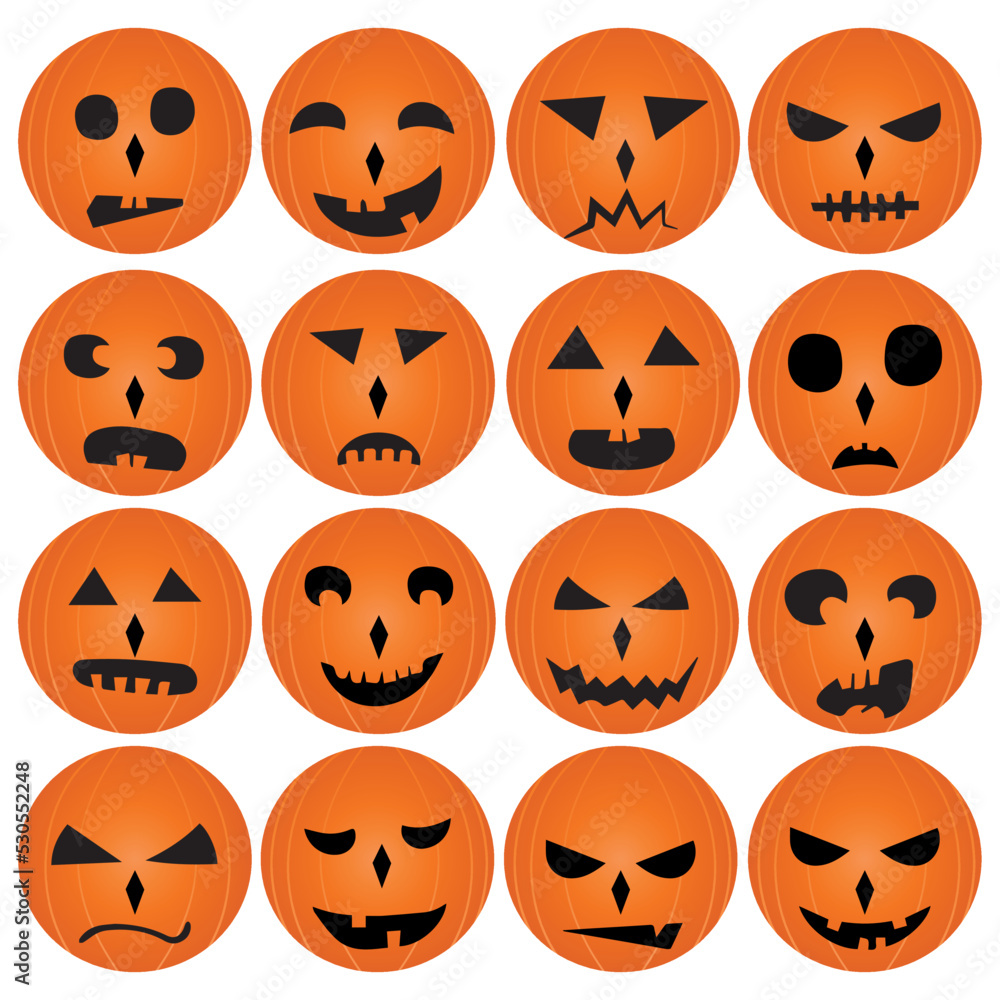 16 Halloween Vector Pumpkins With Different Emotions Expressions Moods Faces Set Designs 9747