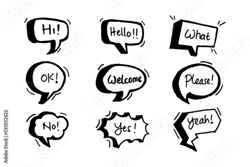 Handdrawing balloon speech bubbles set with short messages vector illustration on white background