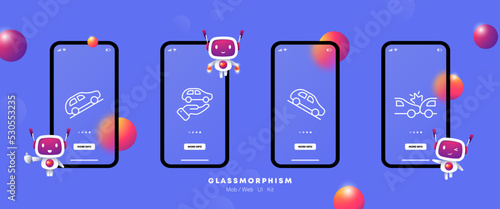 Automotive signs set icon. Rise, descent, mountain, slope, service station, accident, insurance, repair. Traffic rules concept. Ui phone app screen. Glassmorphism. Vector line icon for Business