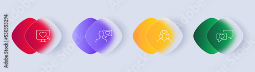 Dating app set icon. Website, meeting, heart, feeling, love, like button, cursor, finger, speech bubble, couple. Long distance relationships concept. Glassmorphism style. Vector line icon for Business