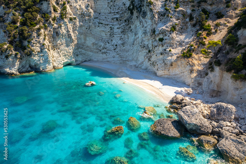 Aerial photo of the paradise beach of Afales in Ithaca  the beautiful  Ionian island of Greece.