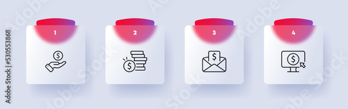 Money set icon. Hand with a coin, payment, salary, stack of coins, dollar, cent, mail, mailing list, spam, target audience, contactless payment. Glassmorphism style. Vector line icon for Business