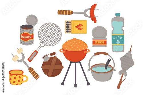 Doodle flat clipart. A set of food for cooking on the street and while traveling. All objects are repainted.