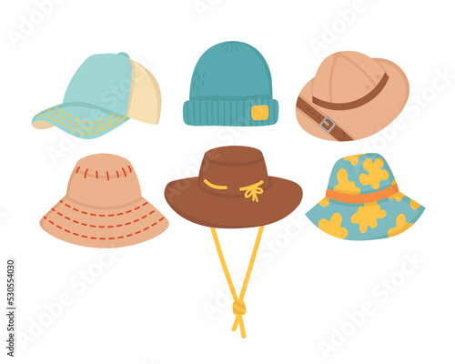 Doodle flat clipart. Hat of a vacationer, tourist. All objects are repainted.