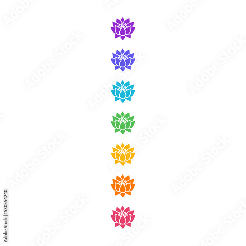 Lotus flower chakras, Buddhism, rainbow colors, vector, isolated on white