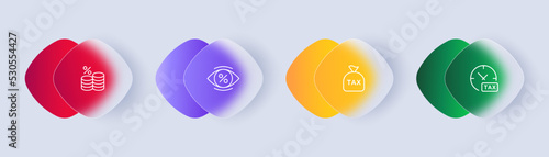 Tax set icon. Chart, analytics, income, salary, bomb, publican, sight, tax protection, expenses, black bookkeeping, percent, stack coin. Glassmorphism style. Vector line icon for Business