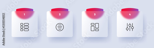 Menu buttons set icon. Tiles, slider, settings, centering, alignment, application, control panel, check list, app, align. Technology concept. Ui phone app screen. Glassmorphism. Vector line icon
