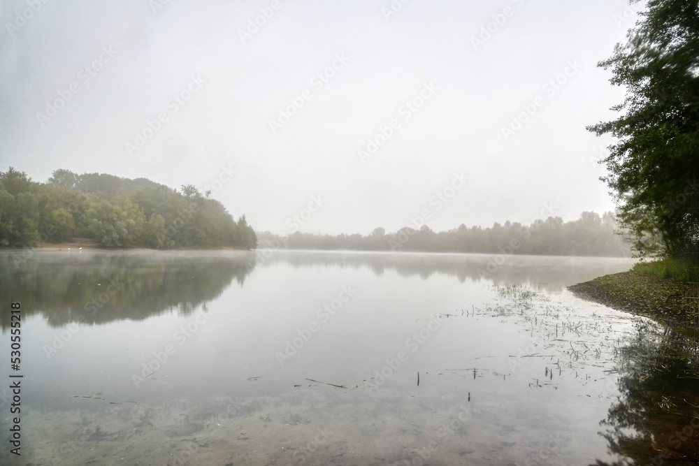 Fototapeta premium Morgennebel über einem See in Düsseldorf im Herbst